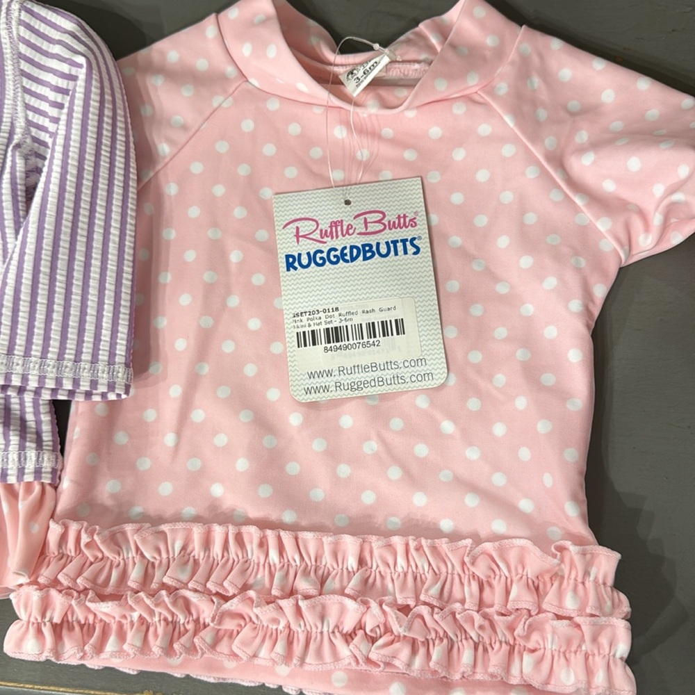 NWT Ruffle Butts Pair Ruffled Rash Guards SPF Seersucker Polka Dot 3-6 Months - Picture 6 of 6